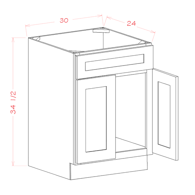 Ebony Shaker - Sink Base - 2 Door & 1 False Drawer - 30"W x 34-1/2"H x 24"D