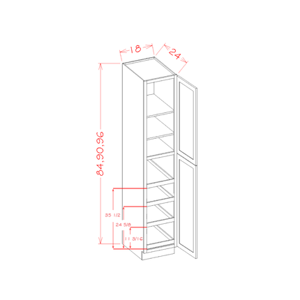 White Shaker - Tall - Shelf Pantry w/ 2 Door & 5 Shelf - 18"W x 84"H x 24"D