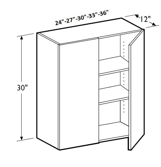 Light Grey Shaker - Standard Wall - 2 Door & 2 Shelf - 33"W x 30"H x 12"D