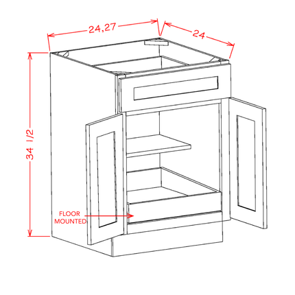 Light Grey Shaker - Full Height Base - 2 Door & 1 Shelf - 24"W x 34-1/2"H x 24"D