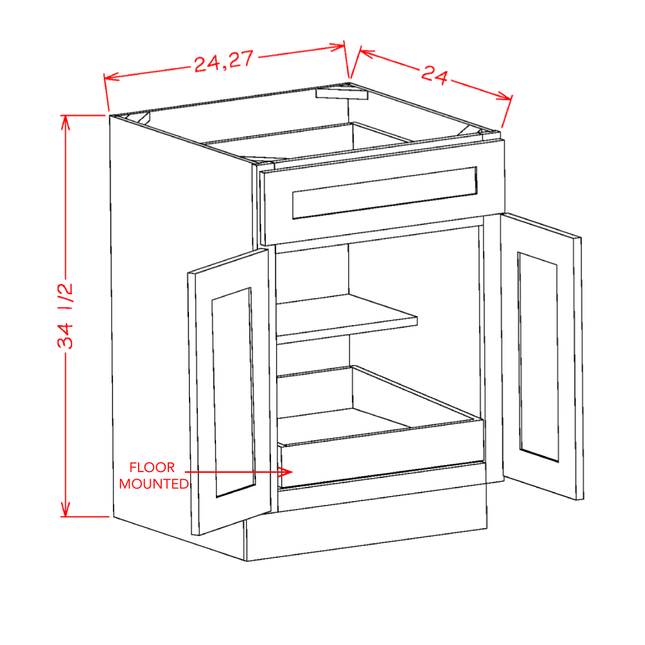 Light Grey Shaker - Full Height Base - 2 Door & 1 Shelf - 24"W x 34-1/2"H x 24"D