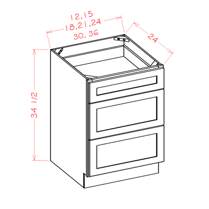Light Grey Shaker - Drawer Base - 3 Drawer - 12"W x 34-1/2"H x 24"D