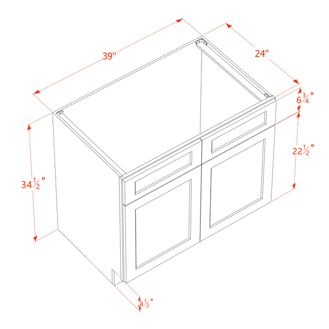 Grey Shaker - Sink Base - 2 Door & 2 False Drawer - 39"W x 34-1/2"H x 24"D