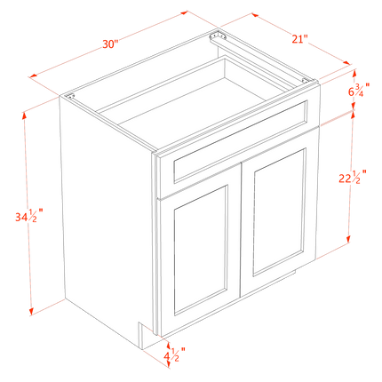 Grey Shaker - Vanity Base - 2 Door & 1 Drawer - 30"W x 34-1/2"H x 21"D