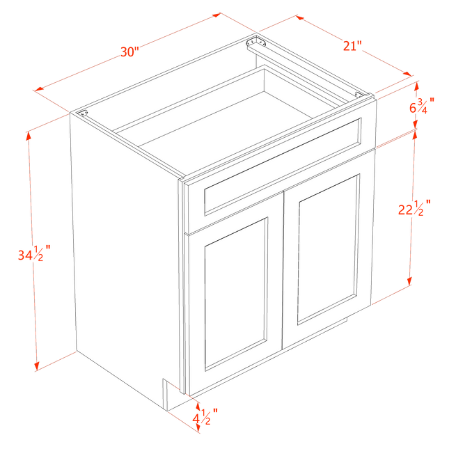 Grey Shaker - Vanity Base - 2 Door & 1 Drawer - 30"W x 34-1/2"H x 21"D