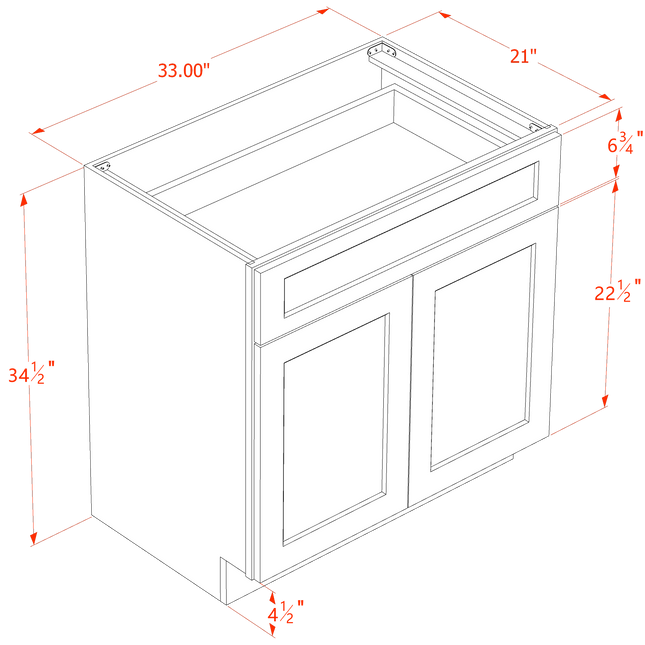 Light Grey Shaker - Vanity Base - 2 Door & 1 Drawer - 33"W x 34-1/2"H x 21"D