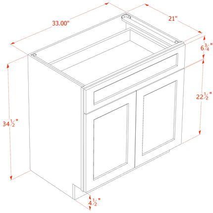 Grey Shaker - Vanity Base - 2 Door & 1 Drawer - 33"W x 34-1/2"H x 21"D