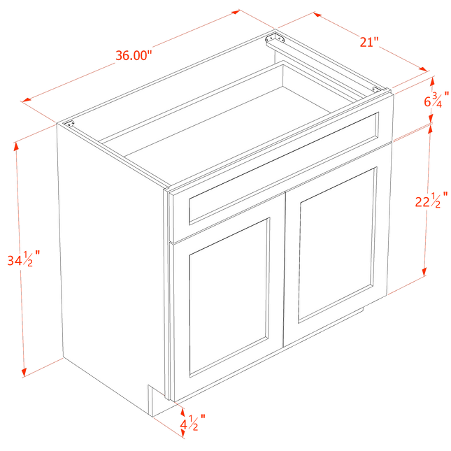 Grey Shaker - Vanity Base - 2 Door & 1 Drawer - 36"W x 34-1/2"H x 21"D