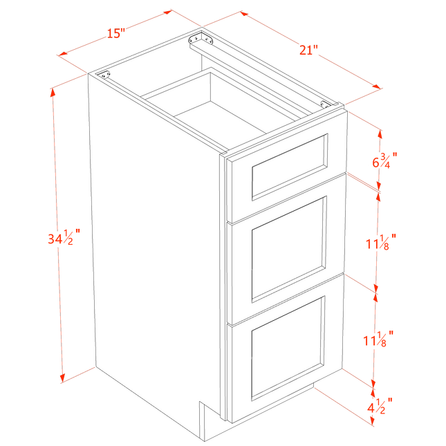 Light Grey Shaker - Vanity Drawer Base - 3 Drawer - 15"W x 34-1/2"H x 21"D