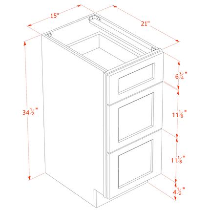 Grey Shaker - Vanity Drawer Base - 3 Drawer - 15"W x 34-1/2"H x 21"D