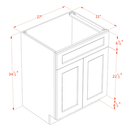 Ebony Shaker - Vanity Sink Base - 2 Door & 1 False Drawer - 27"W x 34-1/2"H x 21"D