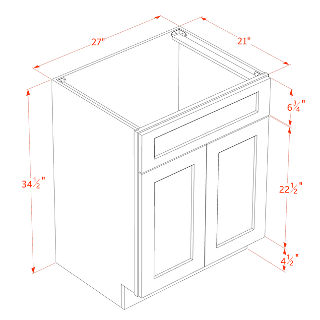 Ebony Shaker - Vanity Sink Base - 2 Door & 1 False Drawer - 27"W x 34-1/2"H x 21"D