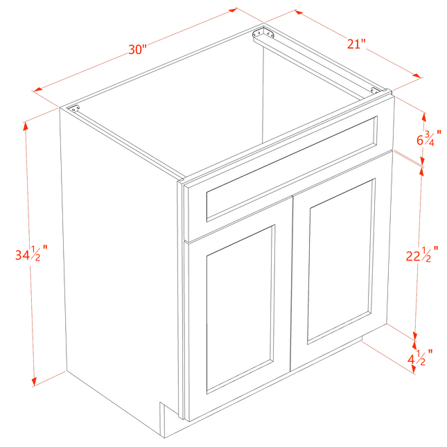 Ash Shaker - Vanity Sink Base - 2 Door & 1 False Drawer - 30"W x 34-1/2"H x 21"D