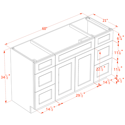 Light Grey Shaker - Vanity Sink Drawer Base - 2 Door, 6 Drawer & False Drawer - 60"W x 34-1/2"H x 21"D