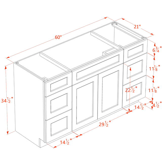 Grey Shaker - Vanity Sink Drawer Base - 2 Door, 6 Drawer & False Drawer - 60"W x 34-1/2"H x 21"D