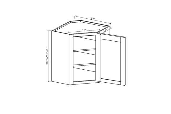 White Shaker - Corner Wall - Diagonal w/ 1 Door & 2 Shelf - 24"W x 30"H x 24"D