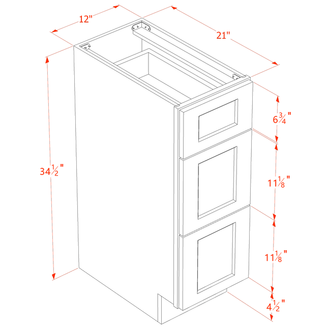 White Shaker - Vanity Drawer Base - 3 Drawer - 12"W x 34-1/2"H x 21"D