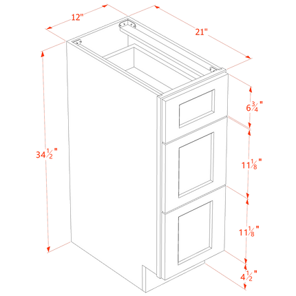 Slim White - Vanity Drawer Base - 3 Drawer - 12"W x 34-1/2"H x 21"D