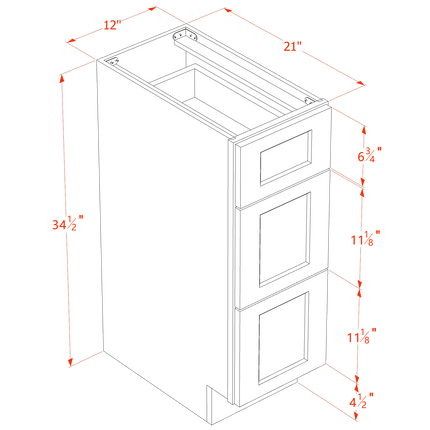 Ash Shaker - Vanity Drawer Base - 3 Drawer - 12"W x 34-1/2"H x 21"D