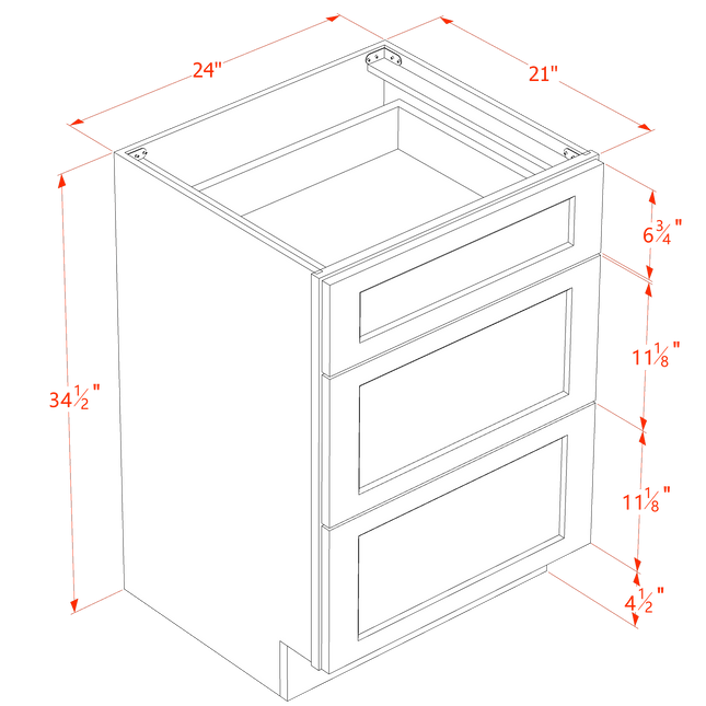 White Shaker - Vanity Drawer Base - 3 Drawer - 24"W x 34-1/2"H x 21"D