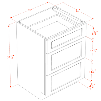 Slim White - Vanity Drawer Base - 3 Drawer - 24"W x 34-1/2"H x 21"D