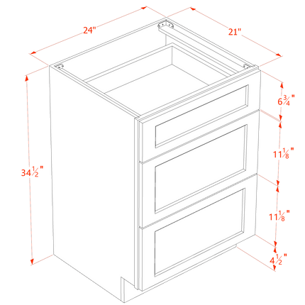 Grey Shaker - Vanity Drawer Base - 3 Drawer - 24"W x 34-1/2"H x 21"D