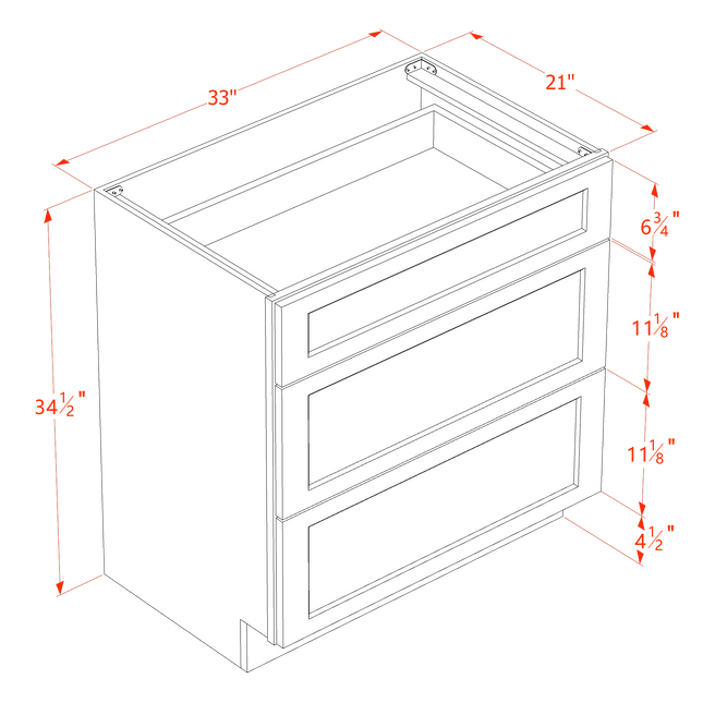 White Shaker - Vanity Drawer Base - 3 Drawer - 33"W x 34-1/2"H x 21"D