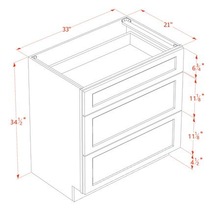 Light Grey Shaker - Vanity Drawer Base - 3 Drawer - 33"W x 34-1/2"H x 21"D