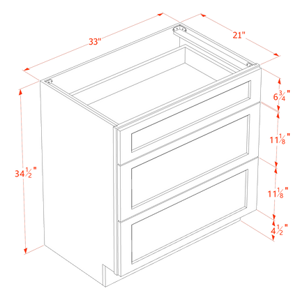 Slim White - Vanity Drawer Base - 3 Drawer - 33"W x 34-1/2"H x 21"D