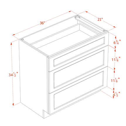 Slim White - Vanity Drawer Base - 3 Drawer - 36"W x 34-1/2"H x 21"D