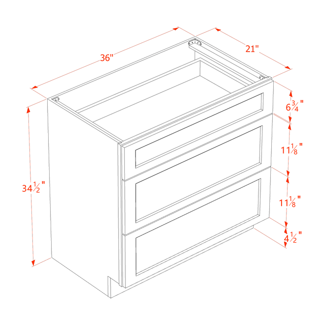 Light Grey Shaker - Vanity Drawer Base - 3 Drawer - 36"W x 34-1/2"H x 21"D