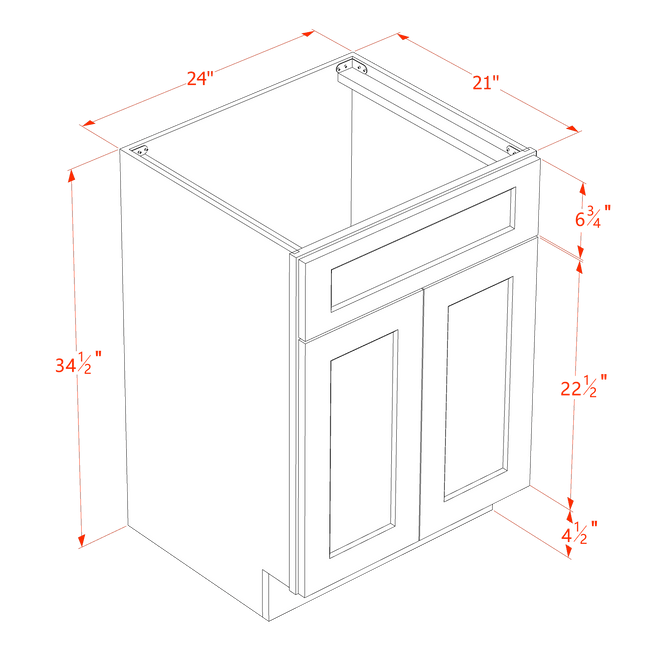 Light Grey Shaker - Vanity Sink Base - 2 Door & 1 False Drawer - 24"W x 34-1/2"H x 21"D