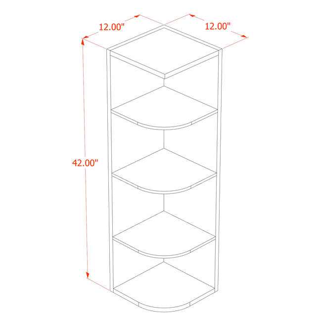 White Shaker - Corner Wall - End Shelf w/ 4 Shelf - 12"W x 42'H x 12"D