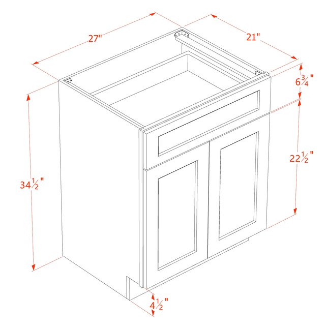 Ebony Shaker - Vanity Base - 2 Door & 1 Drawer - 27"W x 34-1/2"H x 21"D