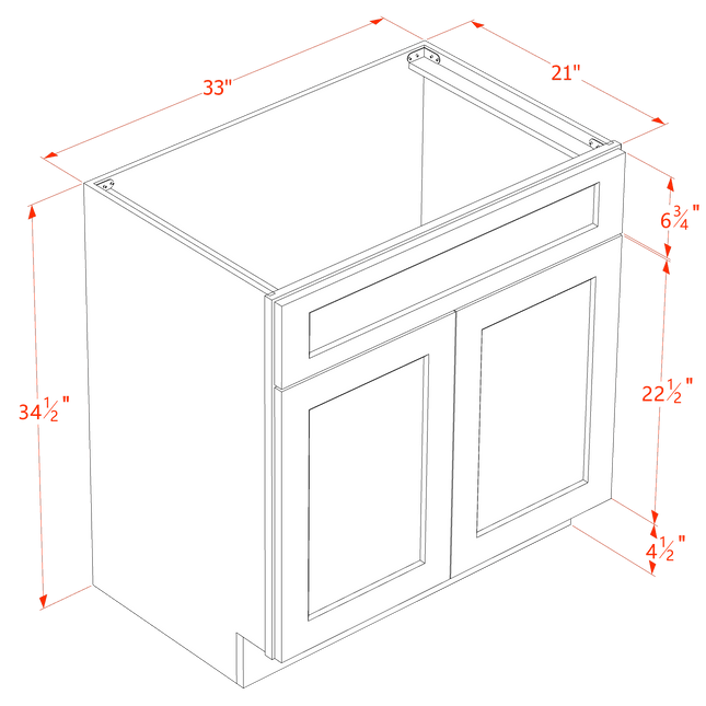 White Shaker - Vanity Sink Base - 2 Door & 1 False Drawer - 33"W x 34-1/2"H x 21"D