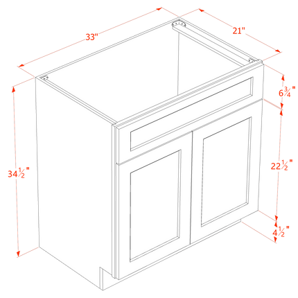 Grey Shaker - Vanity Sink Base - 2 Door & 1 False Drawer - 33"W x 34-1/2"H x 21"D