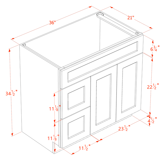 White Shaker - Vanity Sink Drawer Base - 2 Door & 2 Left Drawer - 36"W x 34-1/2"H x 21"D