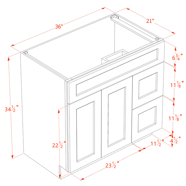 White Shaker - Vanity Sink Drawer Base - 2 Door & 2 Right Drawer - 36"W x 34-1/2"H x 21"D