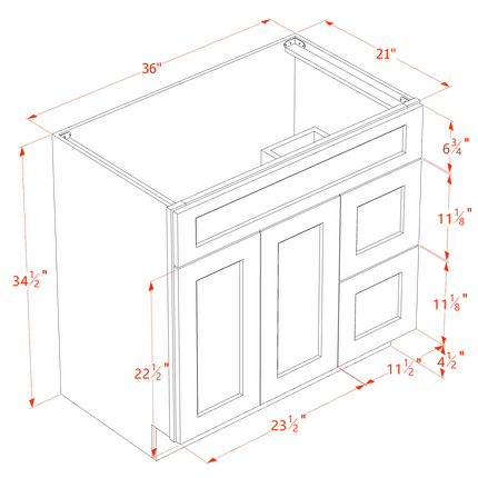 Ebony Shaker - Vanity Sink Drawer Base - 2 Door & 2 Right Drawer - 36"W x 34-1/2"H x 21"D