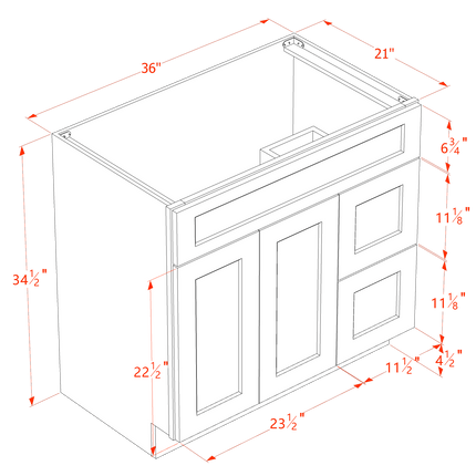 Slim White - Vanity Sink Drawer Base - 2 Door & 2 Right Drawer - 36"W x 34-1/2"H x 21"D