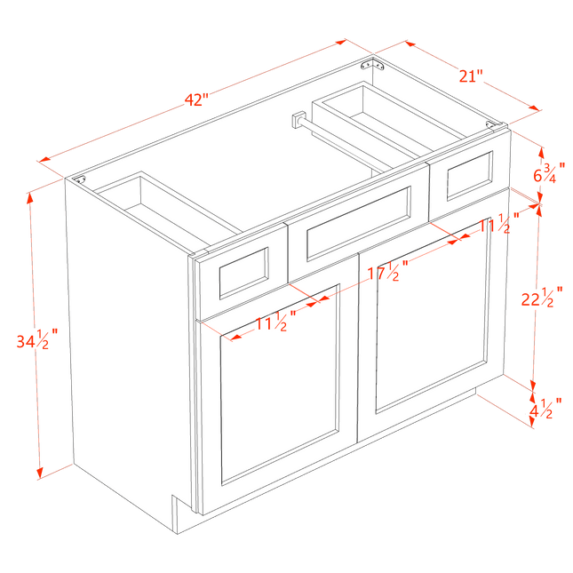 White Shaker - Vanity Sink Drawer Base - 2 Door, 2 Drawer & Flase Drawer - 42"W x 34-1/2"H x 21"D