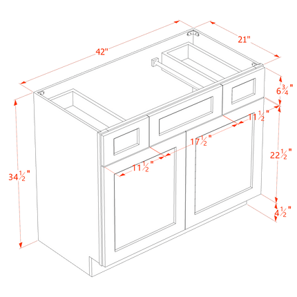 Grey Shaker - Vanity Sink Drawer Base - 2 Door, 2 Drawer & Flase Drawer - 42"W x 34-1/2"H x 21"D