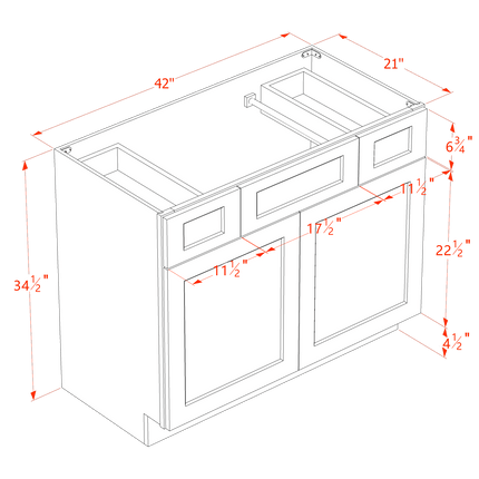 Ash Shaker - Vanity Sink Drawer Base - 2 Door, 2 Drawer & Flase Drawer - 42"W x 34-1/2"H x 21"D