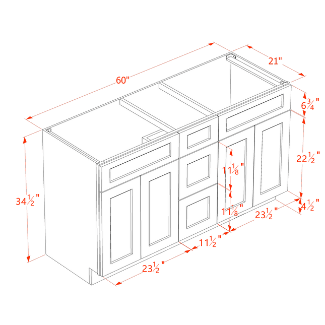 White Shaker - Vanity Sink Drawer Base - 4 Door, 3 Drawer & 2 False Drawer - 60"W x 34-1/2"H x 21"D