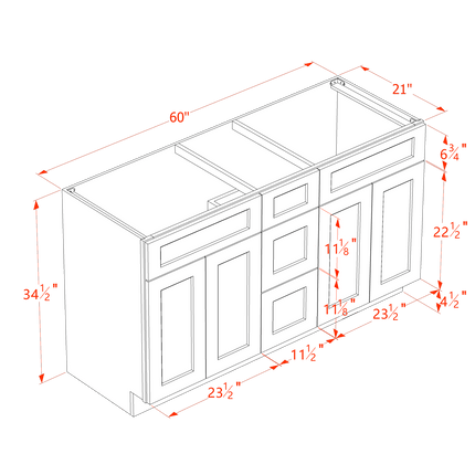 Slim White - Vanity Sink Drawer Base - 4 Door, 3 Drawer & 2 False Drawer - 60"W x 34-1/2"H x 21"D