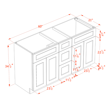 Grey Shaker - Vanity Sink Drawer Base - 4 Door, 3 Drawer & 2 False Drawer - 60"W x 34-1/2"H x 21"D