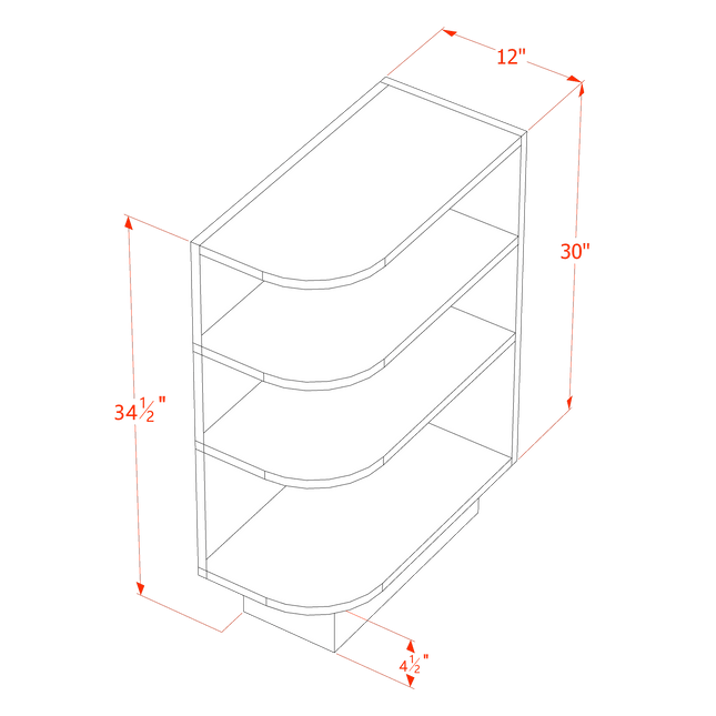 White Shaker - Base End Shelf- End Shelf w/ 4 Shelf (Right Open) - 12"W x 34-1/2"H x 24"D