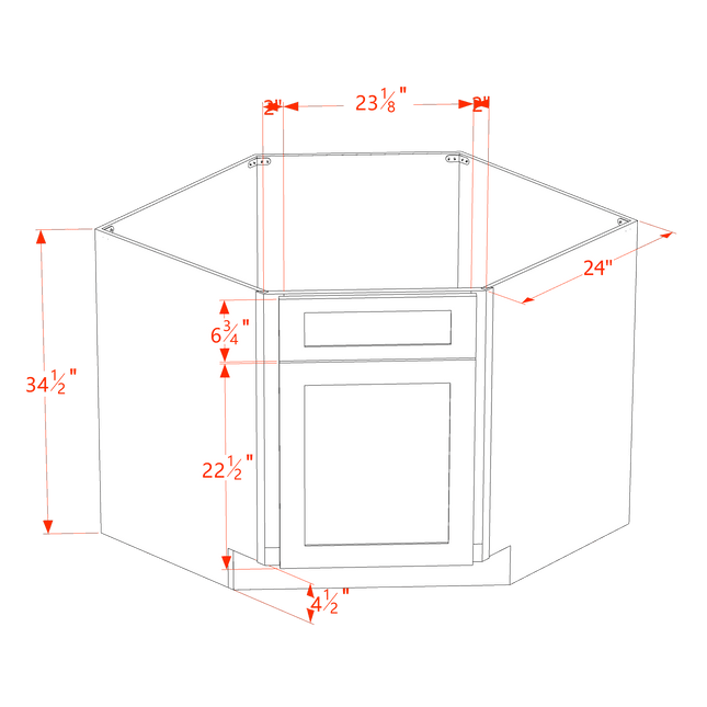 White Shaker - Corner Sink Base - Diagonal w/ 1 Door & 1 False Drawer - 42"W x 34-1/2"H x 24"D