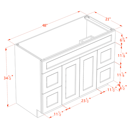 White Shaker - Vanity Sink Drawer Base - 2 Door, 4 Drawer & False Drawer - 48"W x 34-1/2"H x 21"D