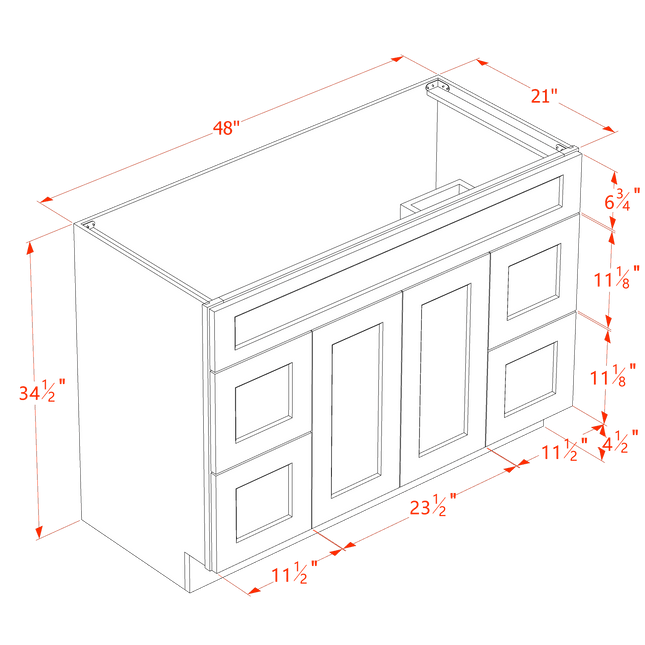 Ebony Shaker - Vanity Sink Drawer Base - 2 Door, 4 Drawer & False Drawer - 48"W x 34-1/2"H x 21"D